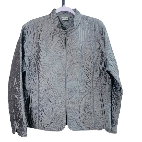 Chico's Size 2 US L Women's Quilted Zip Front Jacket Gray Silver Long Sleeve - Picture 1 of 10